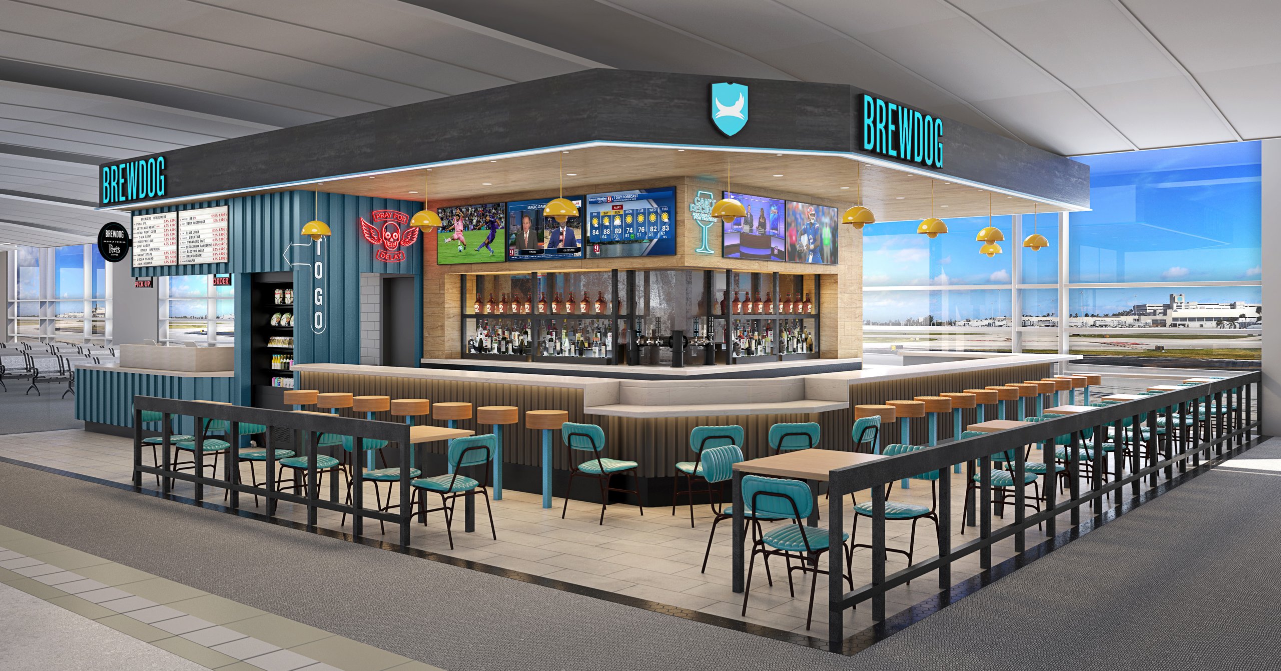 Rendering of BrewDog at Orlando International Airport, a bar with teal stools and fenced seating beside the terminal windows