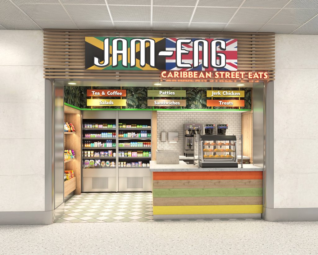 Rendering of the Jam-Eng Caribbean Street Eats storefront with Jamaican and British flag signage and a striped wood counter