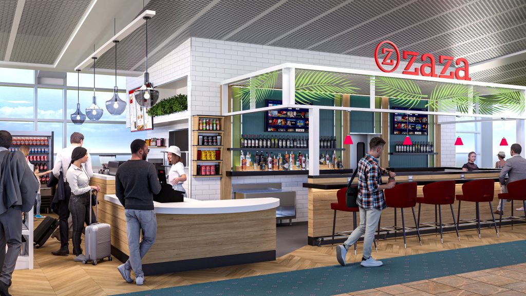 Rendering of Zaza Cuban Café & Bar with an order counter and a bar lined with red stools