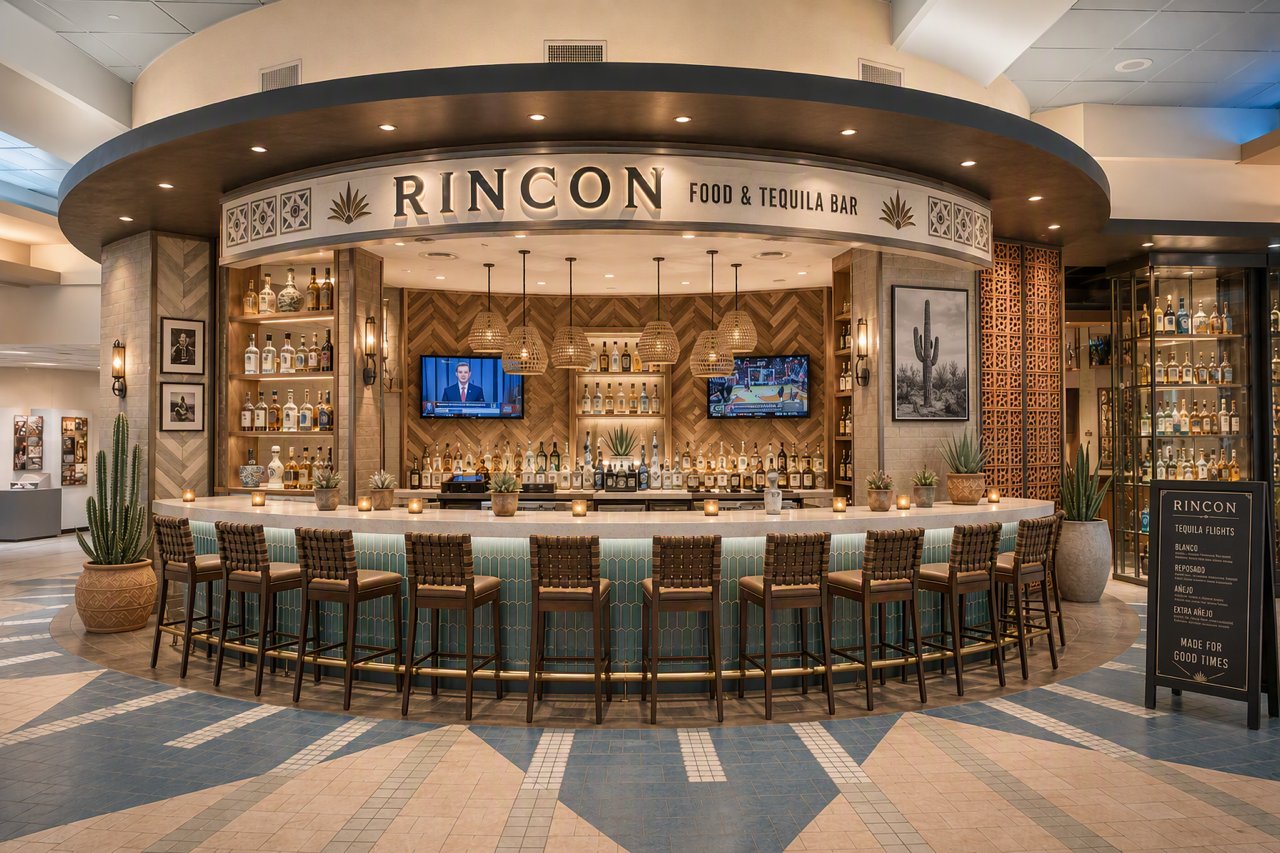 Rendering of Rincon Cantina by Chef Jorge Gomez, a circular tequila bar with counter seating, at Phoenix Sky Harbor Terminal 4