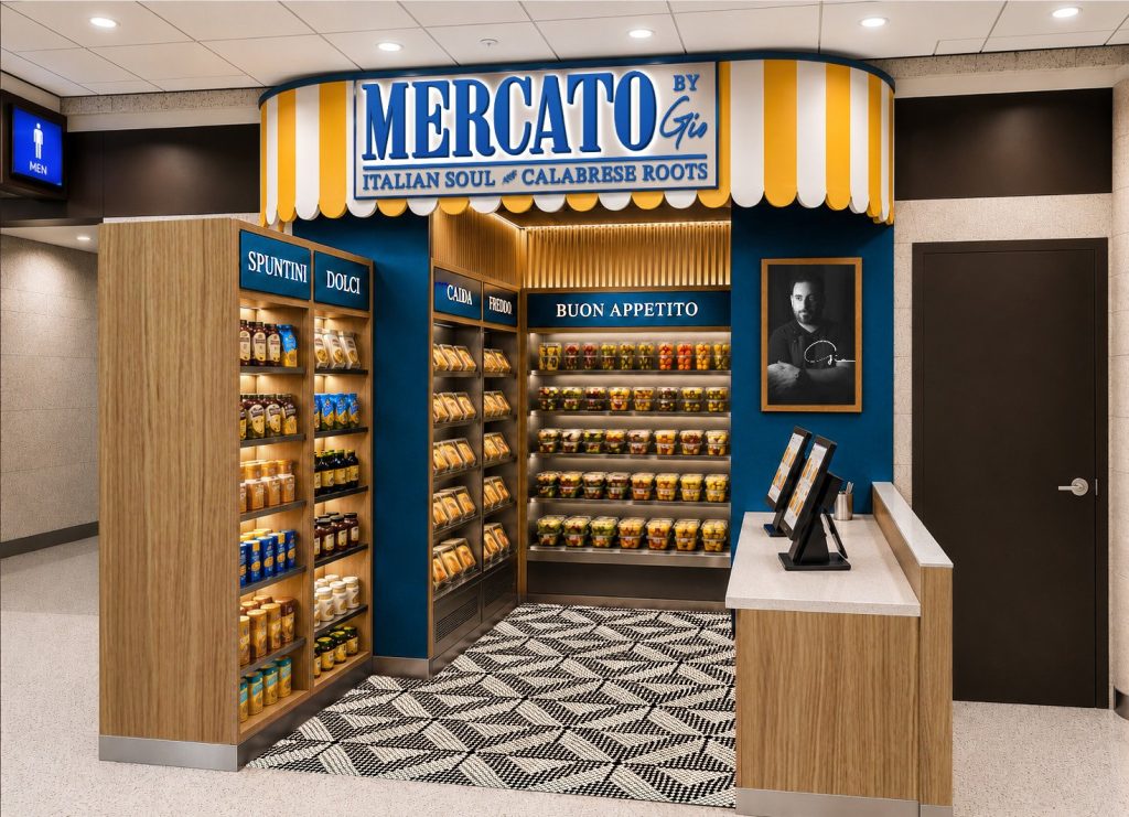 Rendering of Mercato by Gio, an Italian market with grab-and-go shelves under a yellow-and-white striped awning
