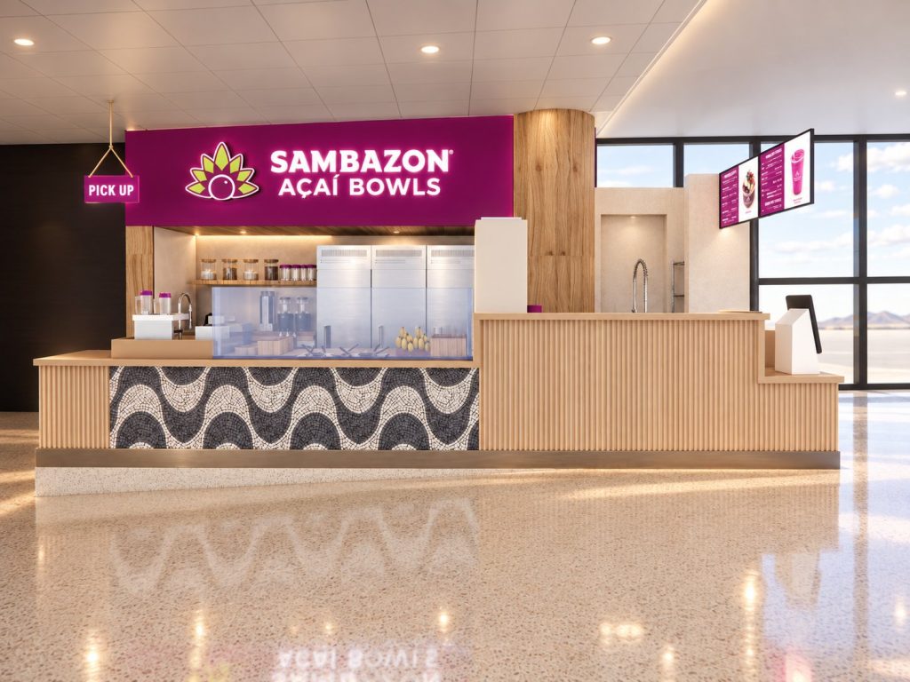 Rendering of the Sambazon Acai Bowls counter with purple signage and mosaic wave tile